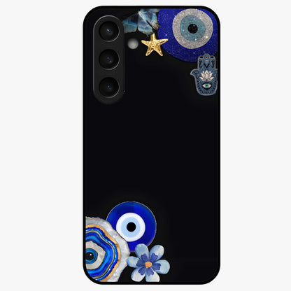 Aesthetic Blue Evil Eye Glass Case showing flat back view with protective evil eye artwork and glossy glass finish.