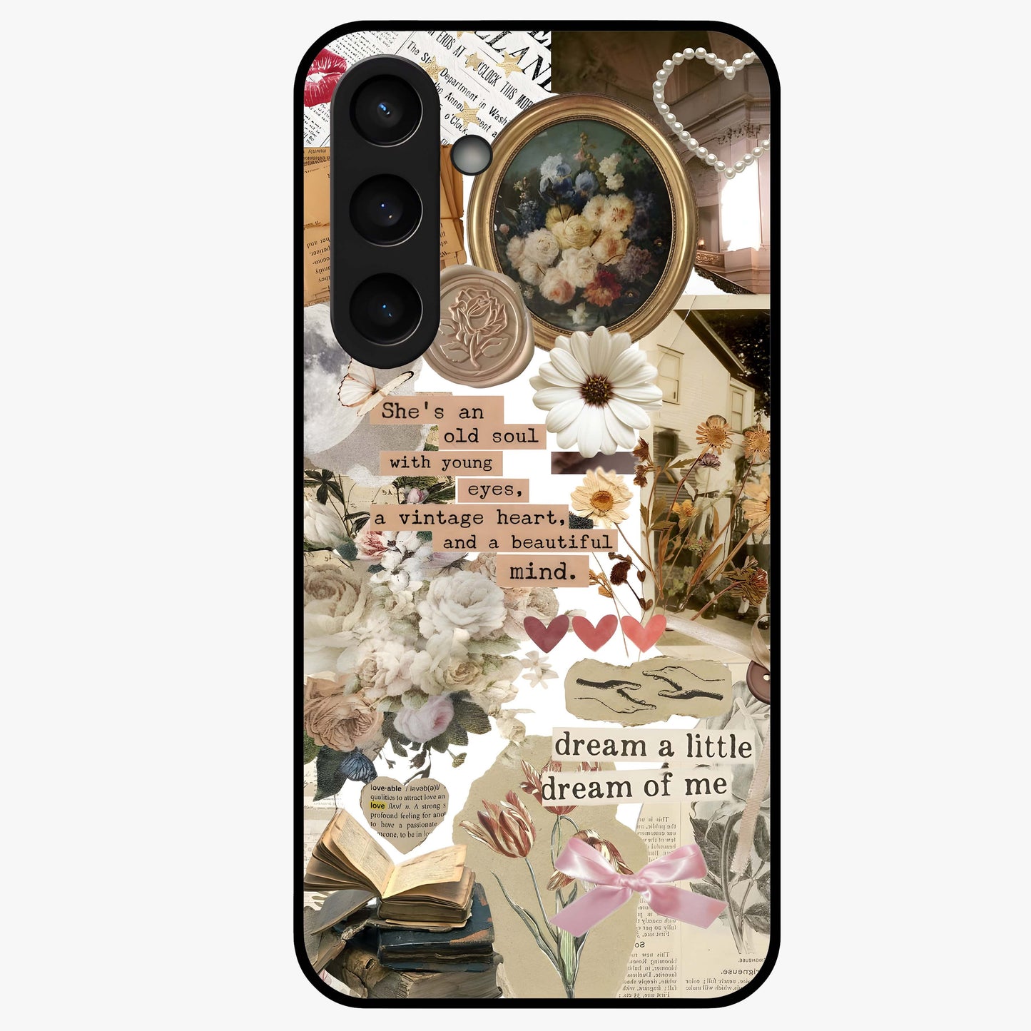 Aesthetic Brown Vintage Collage Glass Case showing flat back view with retro collage artwork and glossy glass finish.