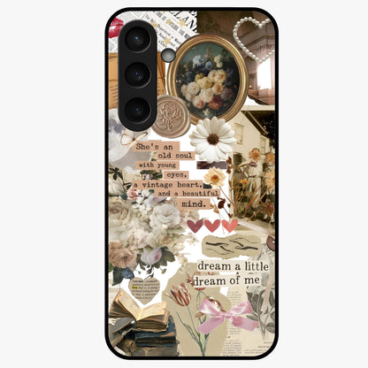 Aesthetic Brown Vintage Collage Glass Case showing flat back view with retro collage artwork and glossy glass finish.