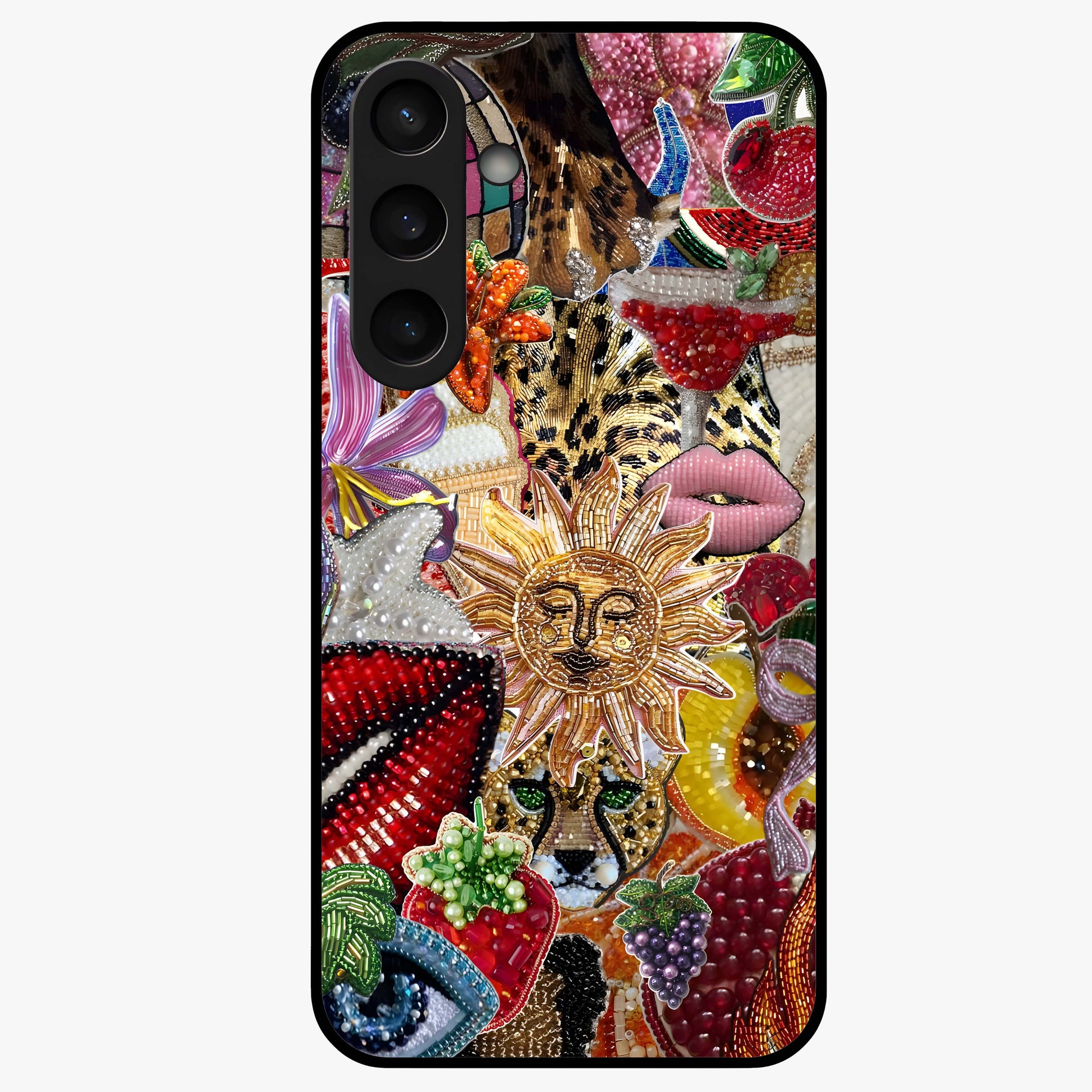 Beaded Fashion Jungle Glass Case showing flat back view with vibrant jungle inspired bead artwork and glossy glass finish.