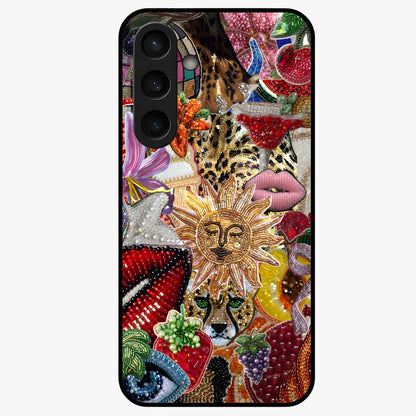Beaded Fashion Jungle Glass Case showing flat back view with vibrant jungle inspired bead artwork and glossy glass finish.