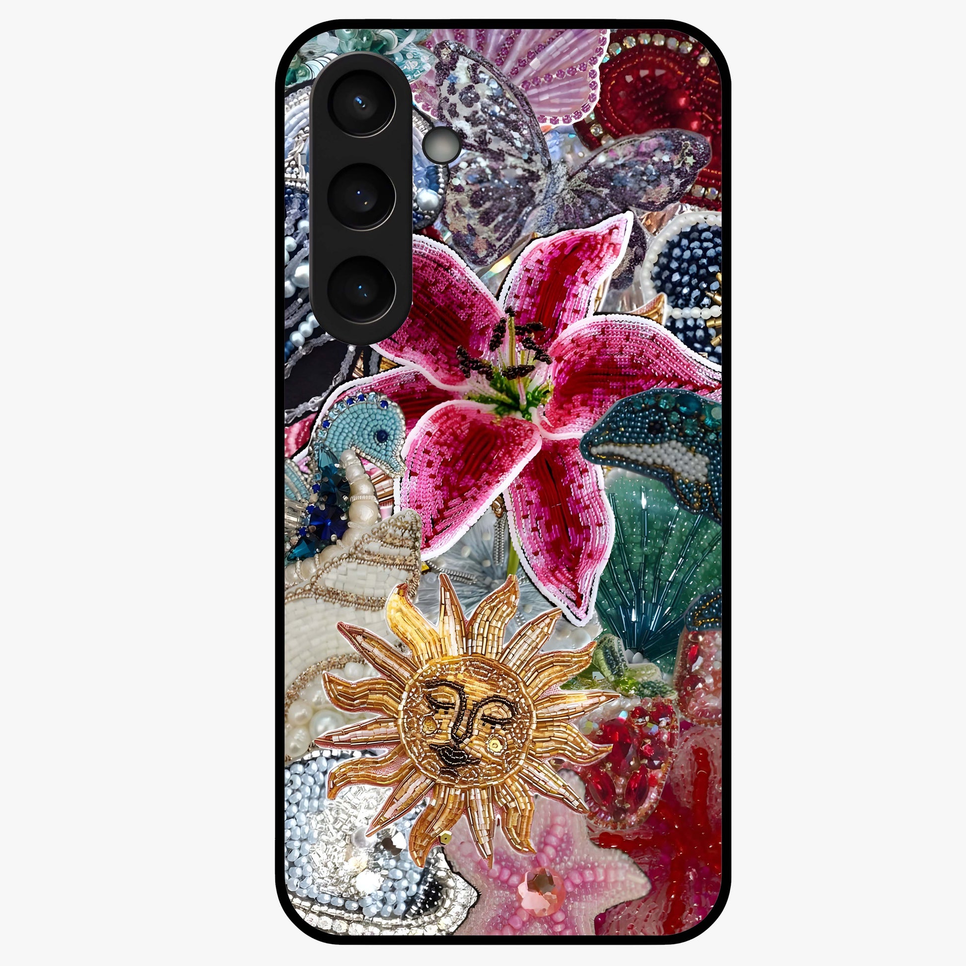 Beaded Garden Fantasy Glass Case showing flat back view with dreamy garden bead artwork and glossy glass finish.