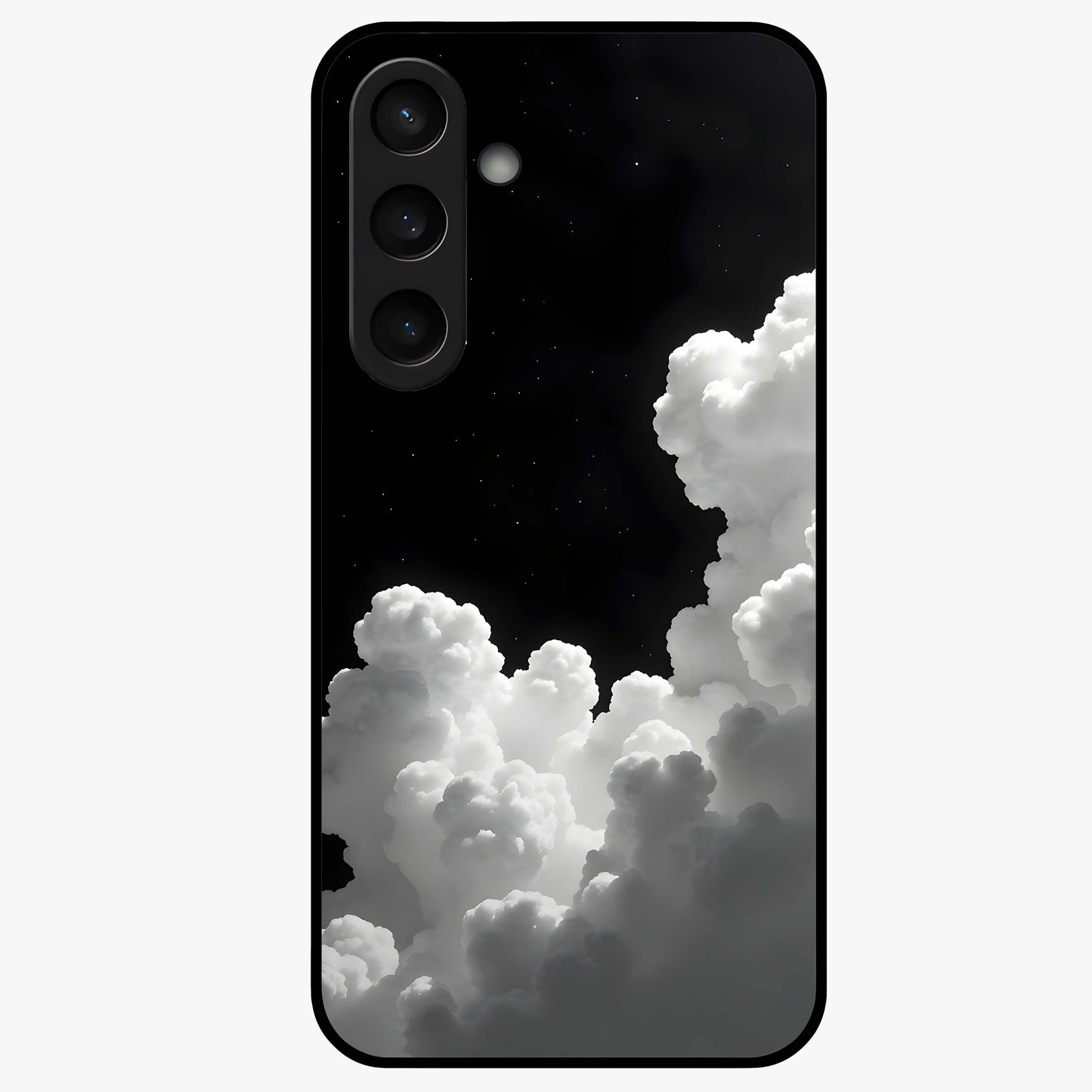 Black Background With White Cloud Glass Case showing flat back view with minimal cloud artwork on dark background and glossy glass finish.