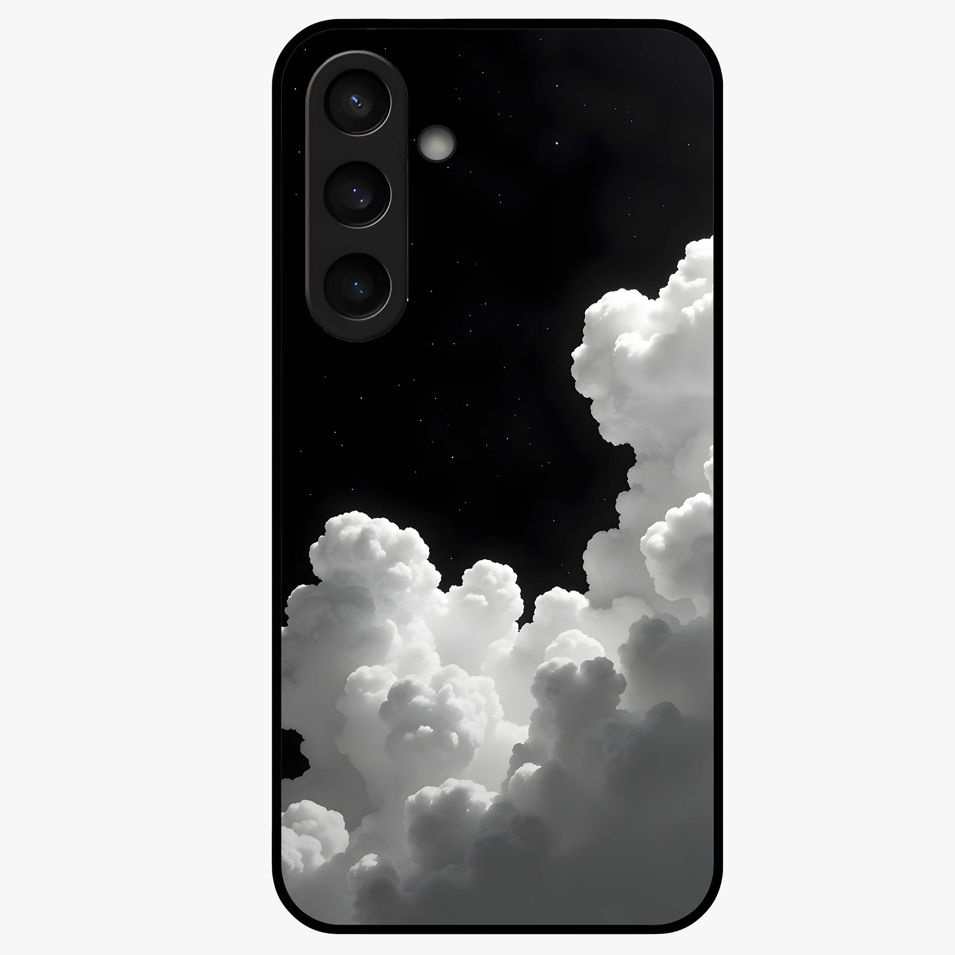 Black Background With White Cloud Glass Case showing flat back view with minimal cloud artwork on dark background and glossy glass finish.