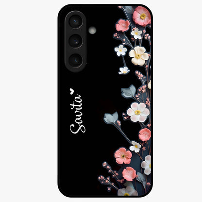 Black Elegance Floral Custom Name Glass Case showing flat back view with elegant floral artwork and personalized name design.