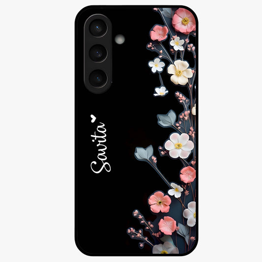 Black Elegance Floral Custom Name Glass Case showing flat back view with elegant floral artwork and personalized name design.