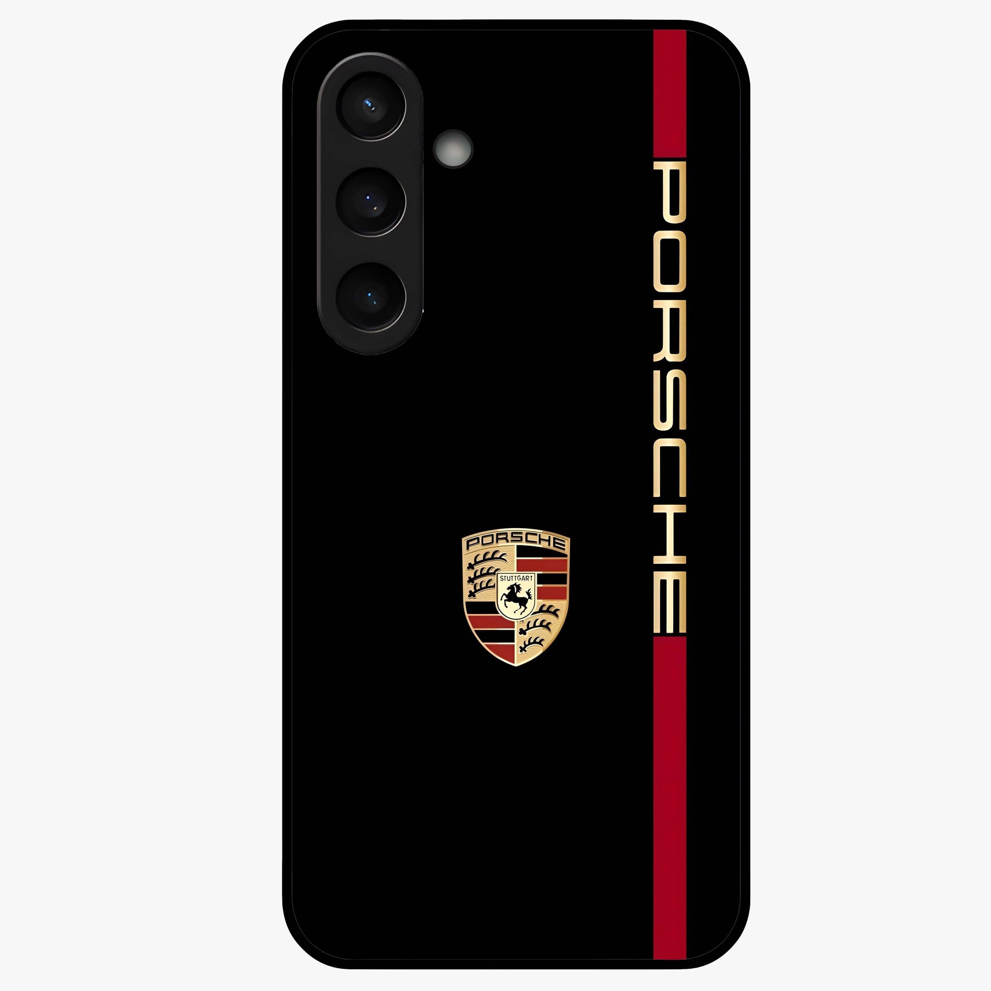 Black Minimal Porsche Glass Case showing flat back view with sleek minimal sports car artwork and glossy glass finish.
