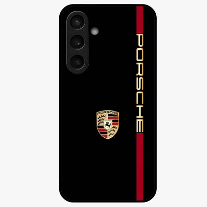 Black Minimal Porsche Glass Case showing flat back view with sleek minimal sports car artwork and glossy glass finish.