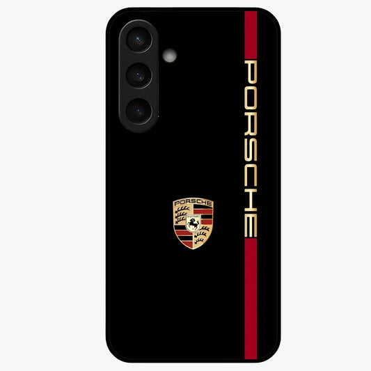 Black Minimal Porsche Glass Case showing flat back view with sleek minimal sports car artwork and glossy glass finish.