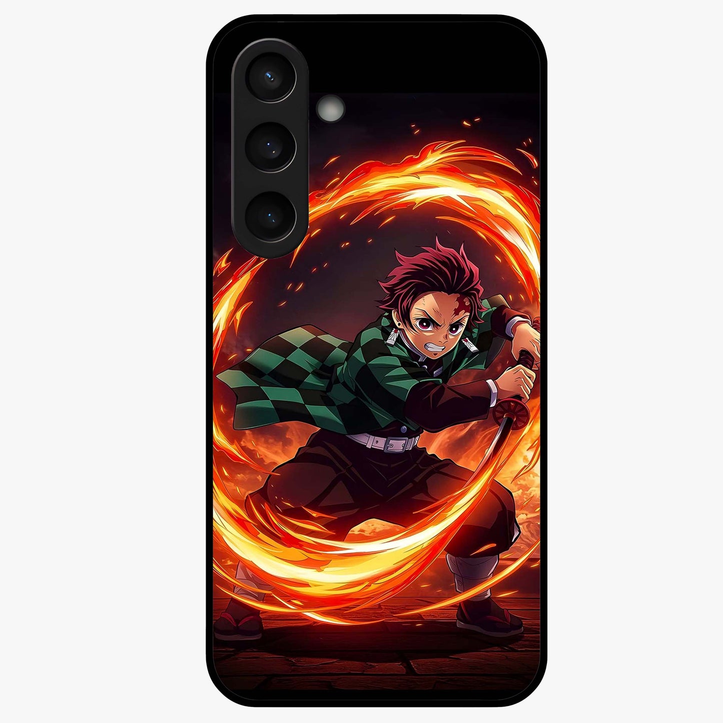 Blazing Sword Resolve Glass Case showing flat back view with fiery sword artwork and glossy glass finish.