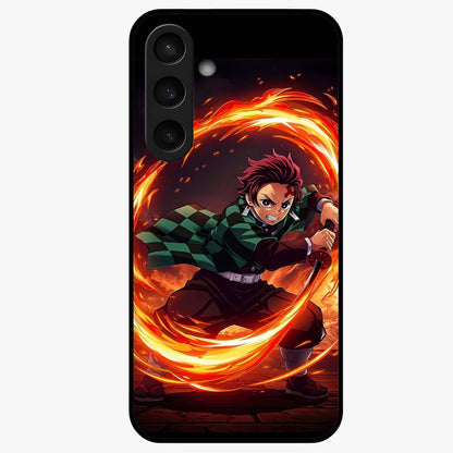 Blazing Sword Resolve Glass Case showing flat back view with fiery sword artwork and glossy glass finish.