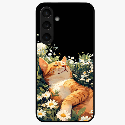 Blissful Bloom Cat Glass Case showing flat back view with cute cat and floral bloom artwork and glossy glass finish.