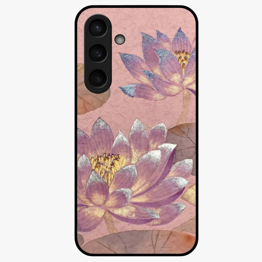 Blossom Mist Lotus Glass Case showing flat back view with serene lotus blossom artwork and glossy glass finish.