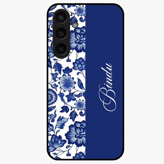 Blue Vintage Floral Pattern Glass Case upright view showcasing timeless floral illustration with vintage inspired style.