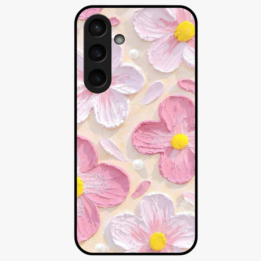 Blush Bloom Texture Glass Case showing flat back view with soft blush floral texture artwork and glossy glass finish.