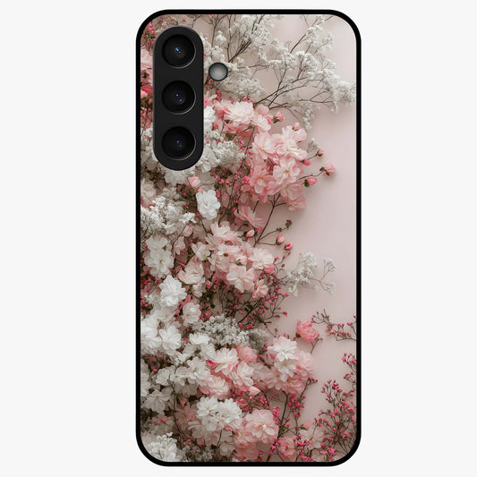 Blush Blossom Cloud Glass Case showing flat back view with dreamy blush cloud blossom artwork and glossy glass finish.