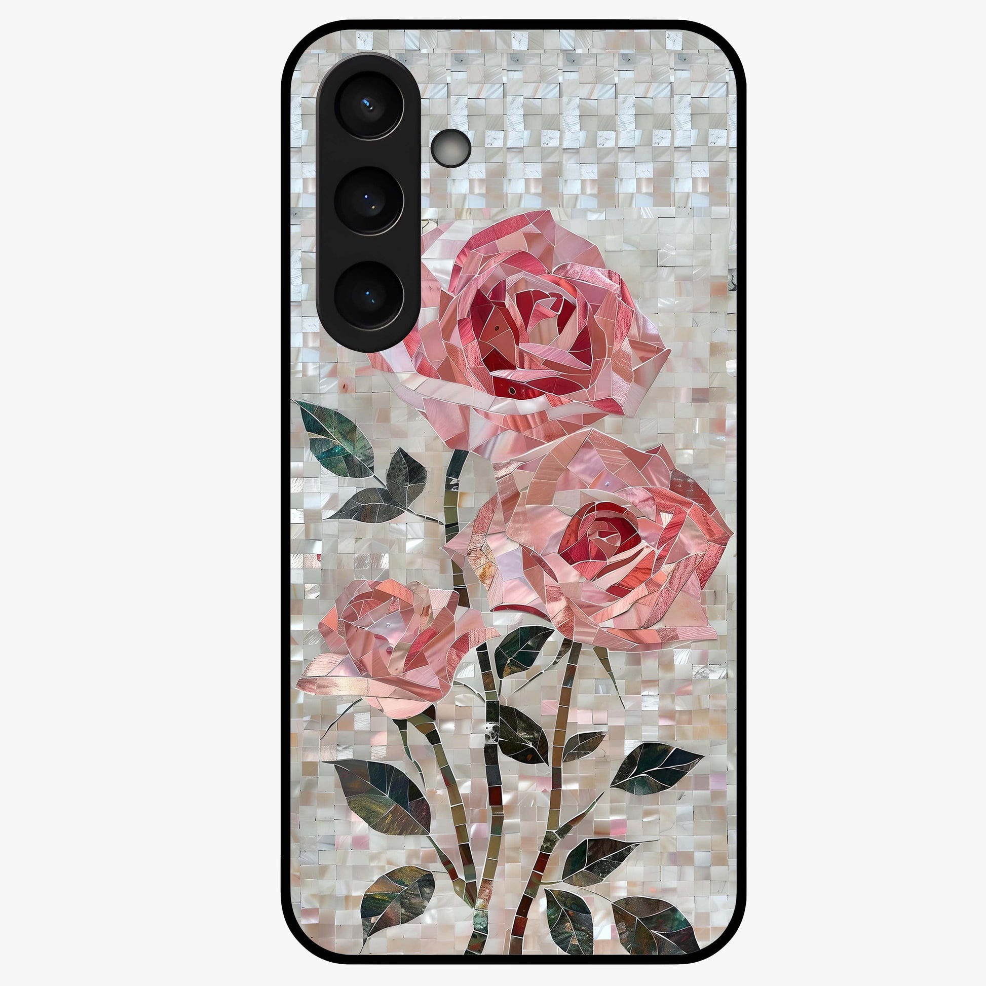 Blush Mosaic Bloom Glass Case showing flat back view with mosaic floral bloom artwork and glossy glass finish.