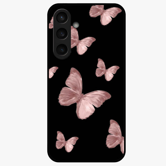 Butterfly Pattern Glass Case showing flat back view with elegant butterfly pattern artwork and glossy glass finish.