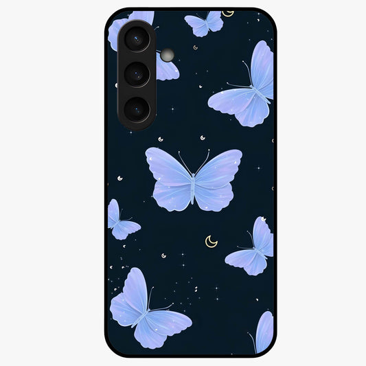 Butterfly With Stars Pattern Glass Case showing flat back view with butterfly and star pattern artwork and glossy glass finish.