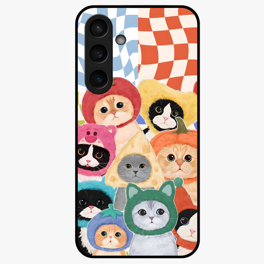 Cats in Fruits Glass Case showing flat back view with playful cat illustrations inside fruit artwork and glossy glass finish.