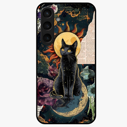 Celestial Black Cat Glass Case showing flat back view with mystical black cat artwork and glossy glass finish.