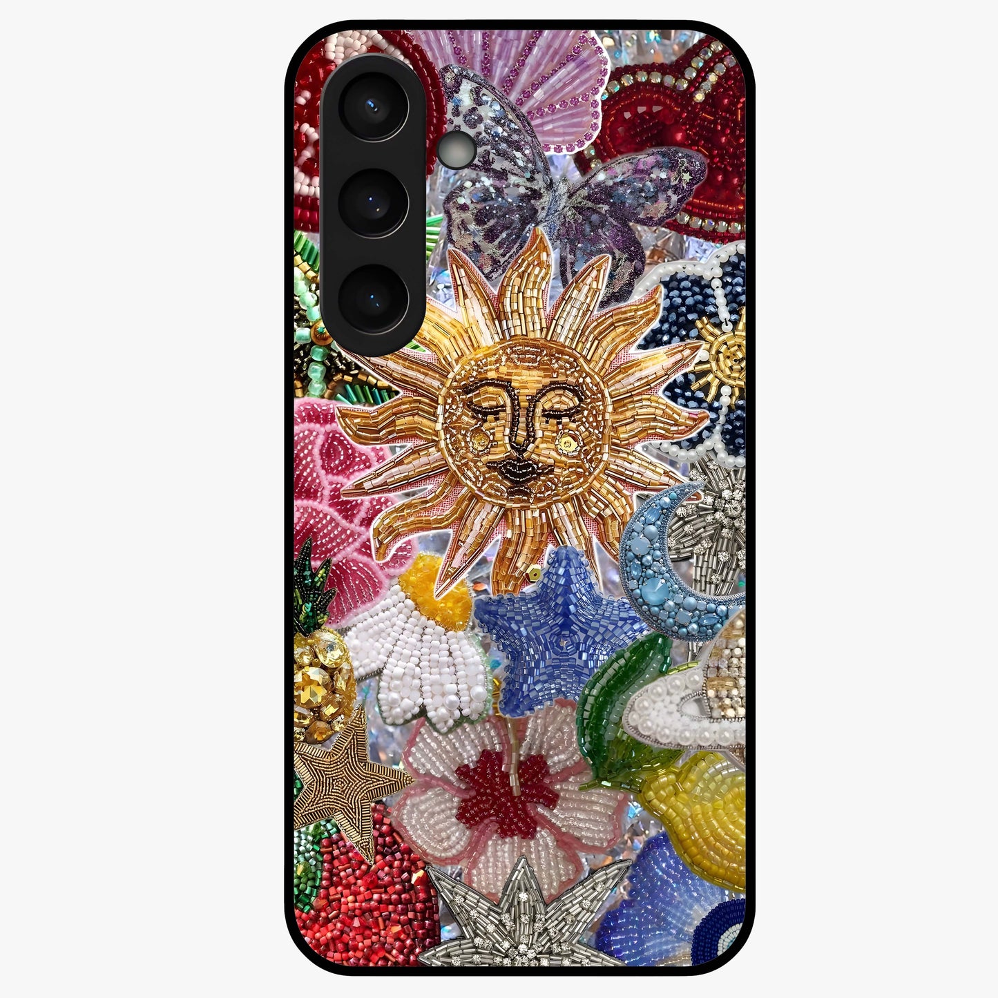 Celestial Floral and Playful Glass Case showing flat back view with floral and celestial themed artwork and glossy glass finish.