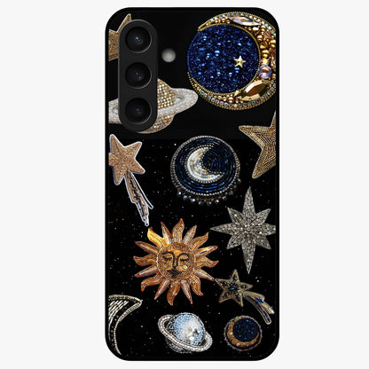 Celestial Gem Constellations Glass Case showing flat back view with sparkling constellation artwork and glossy glass finish.
