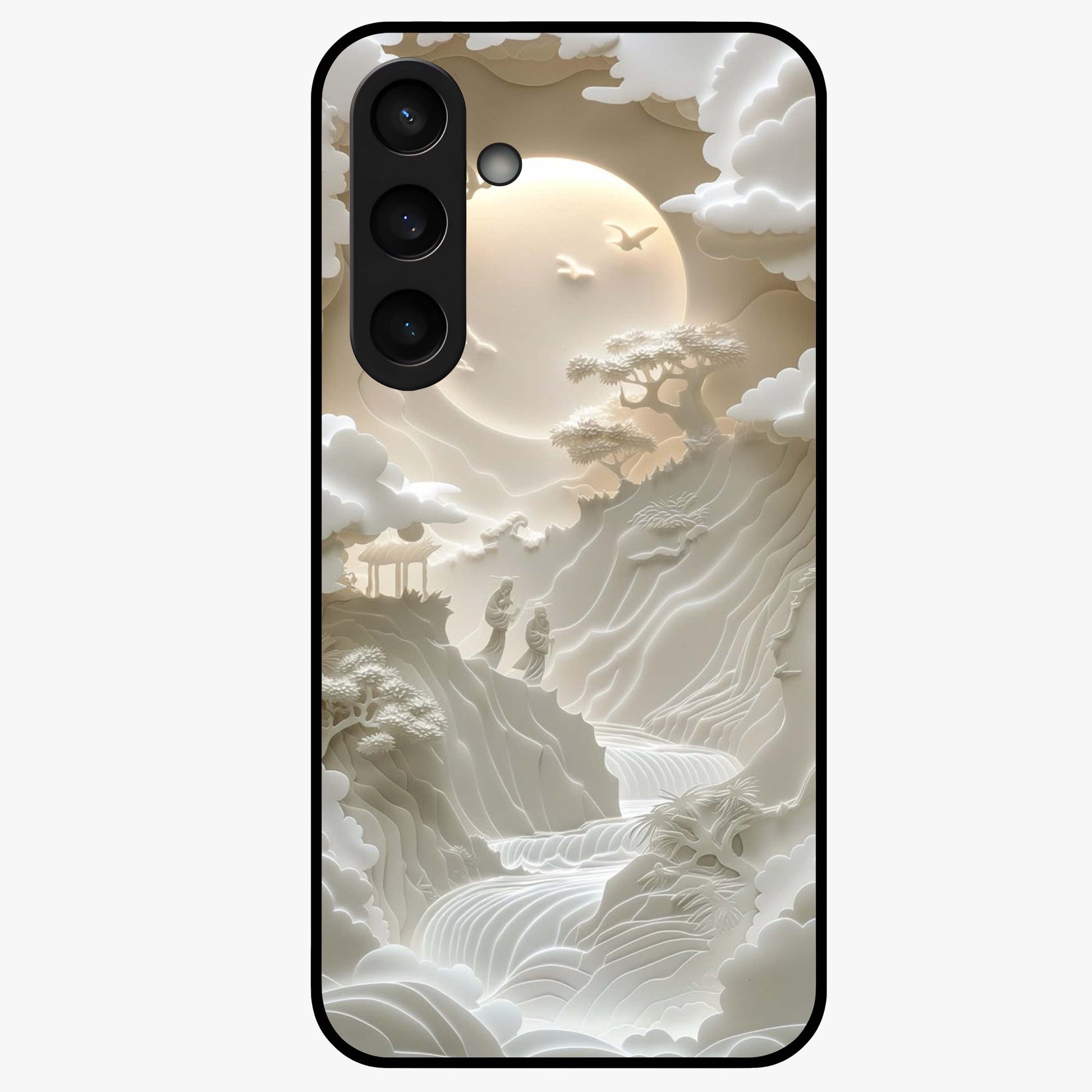 Celestial Origami Glass Case showing flat back view with artistic origami inspired celestial artwork and glossy glass finish.
