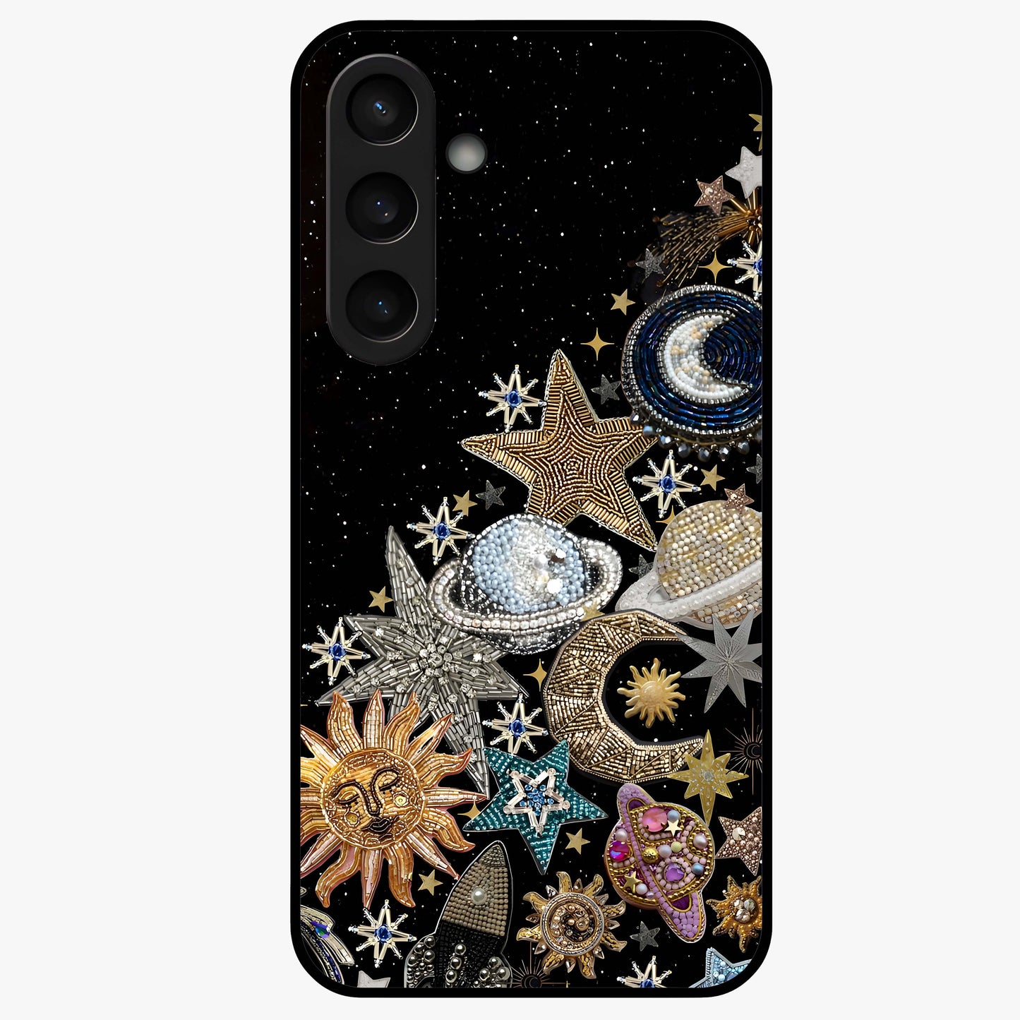 Cosmic Sparkle Dreams Glass Case showing flat back view with sparkling cosmic artwork and glossy glass finish.