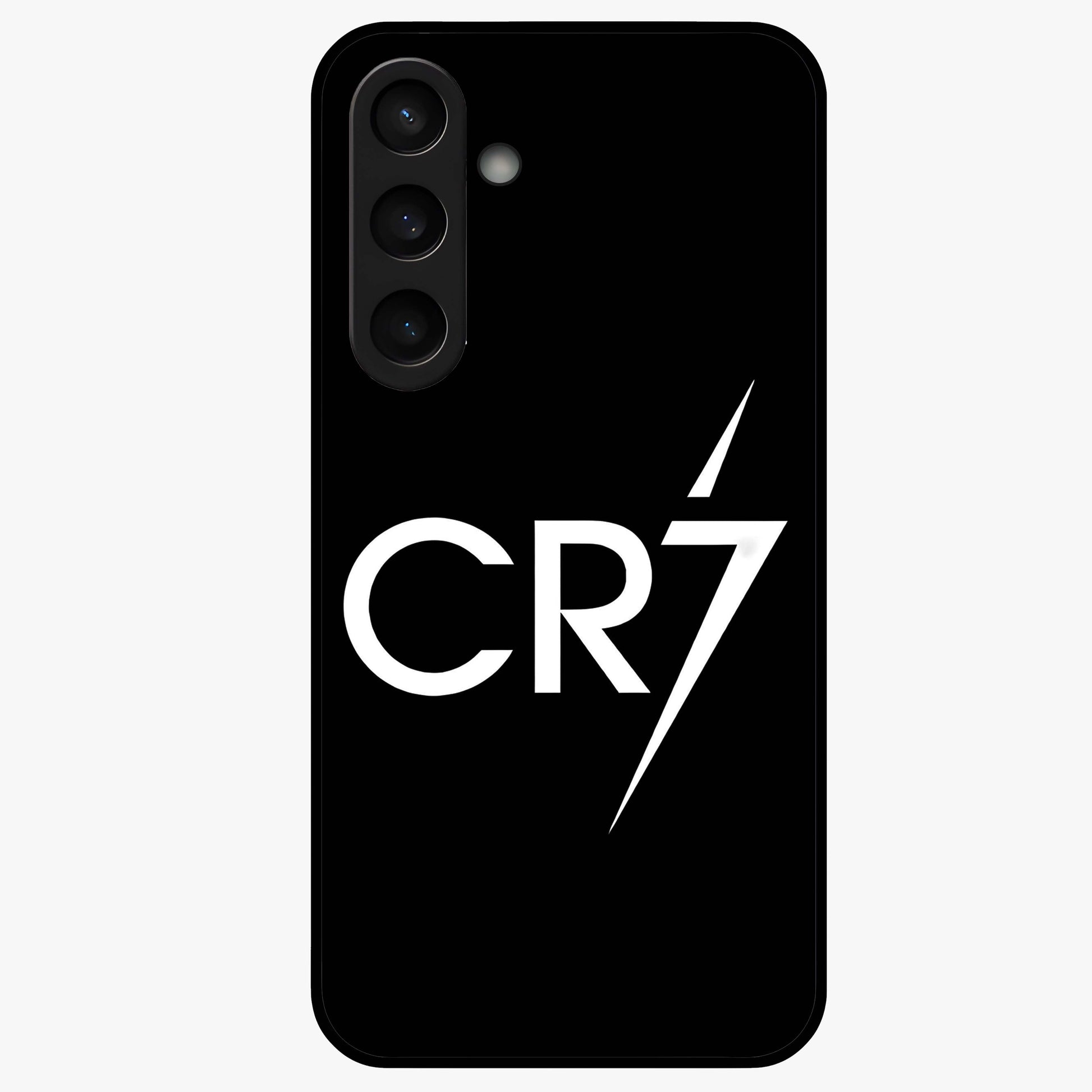 Cr7 Elite Strike Glass Case showing flat back view with dynamic football inspired artwork and glossy glass finish.