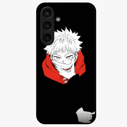 Crimson Chaos Smile Glass Case showing flat back view with bold chaotic smile artwork and glossy glass finish.