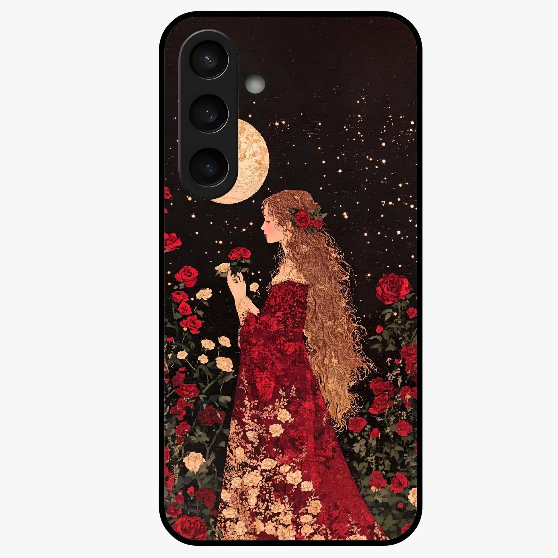 Crimson Dreams Glass Case showing flat back view with dreamy crimson artwork and glossy glass finish.