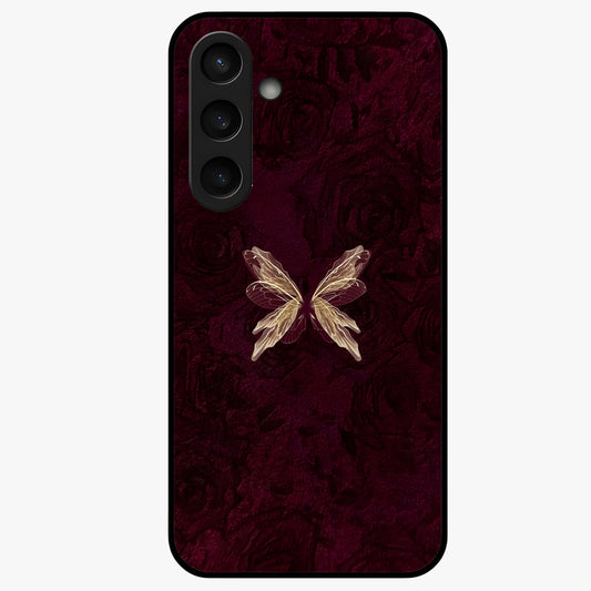 Crimson Fade Butterfly Glass Case showing flat back view with fading butterfly artwork and glossy glass finish.