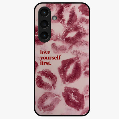 Crimson Kiss Love Glass Case showing flat back view with romantic crimson themed artwork and glossy glass finish.