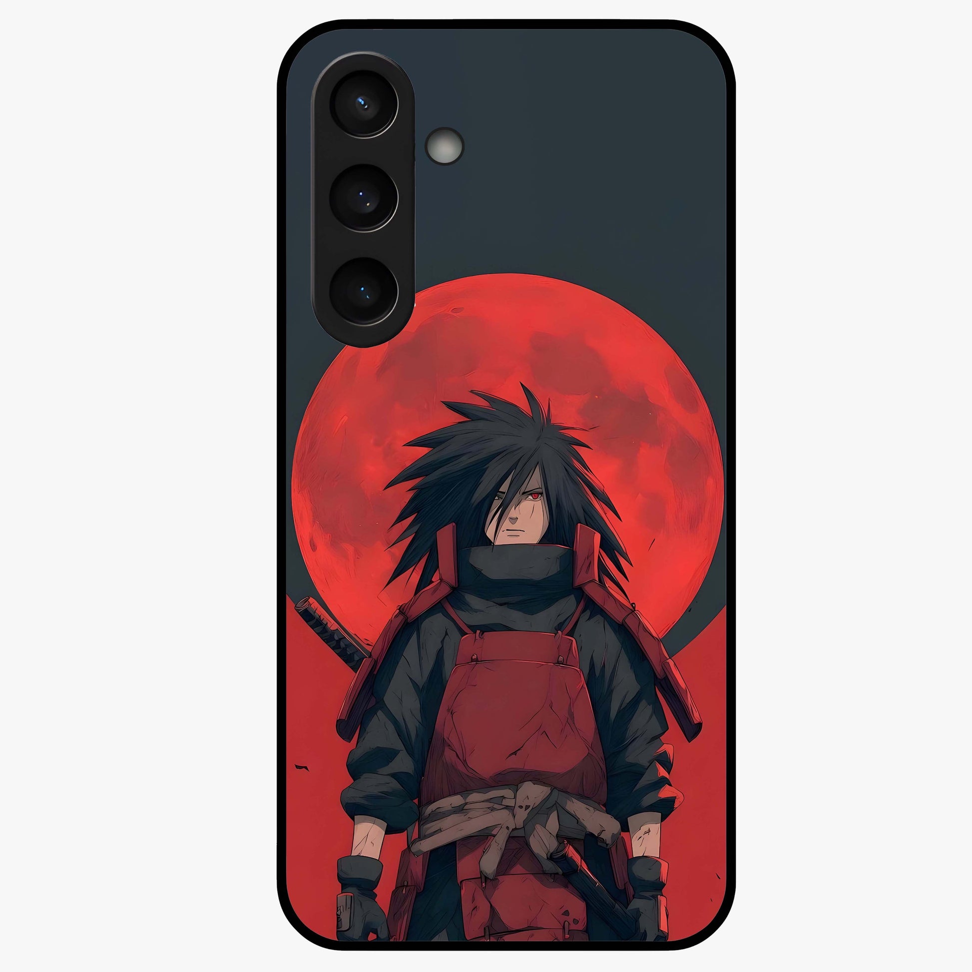 Crimson Moon Warlord Glass Case showing flat back view with mystical moon warrior artwork and glossy glass finish.