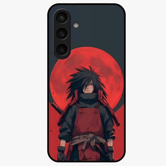 Crimson Moon Warlord Glass Case showing flat back view with mystical moon warrior artwork and glossy glass finish.