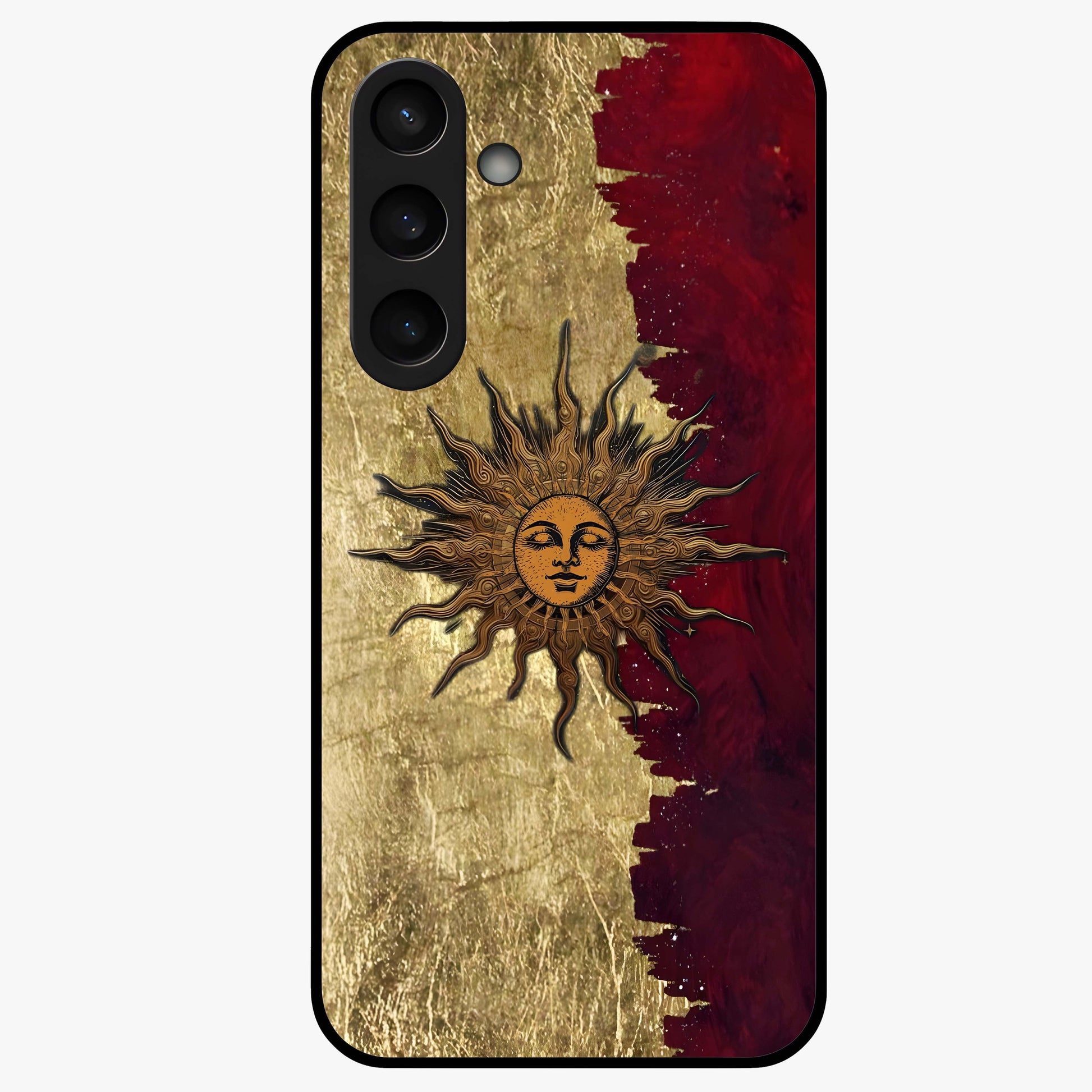 Crimson Sun Majesty Glass Case showing flat back view with radiant sun inspired artwork and glossy glass finish.