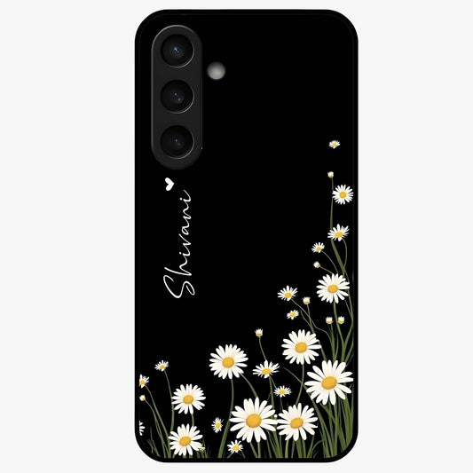Daisy Cascade Custom Name Glass Case showing flat back view with cascading daisy flowers and personalized name design.