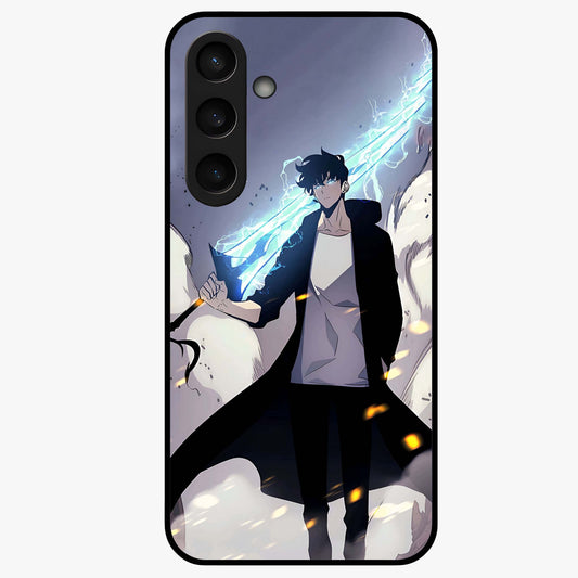 Dark Lightning Anime Warrior Glass Case showing flat back view with intense anime warrior artwork and glossy glass finish.