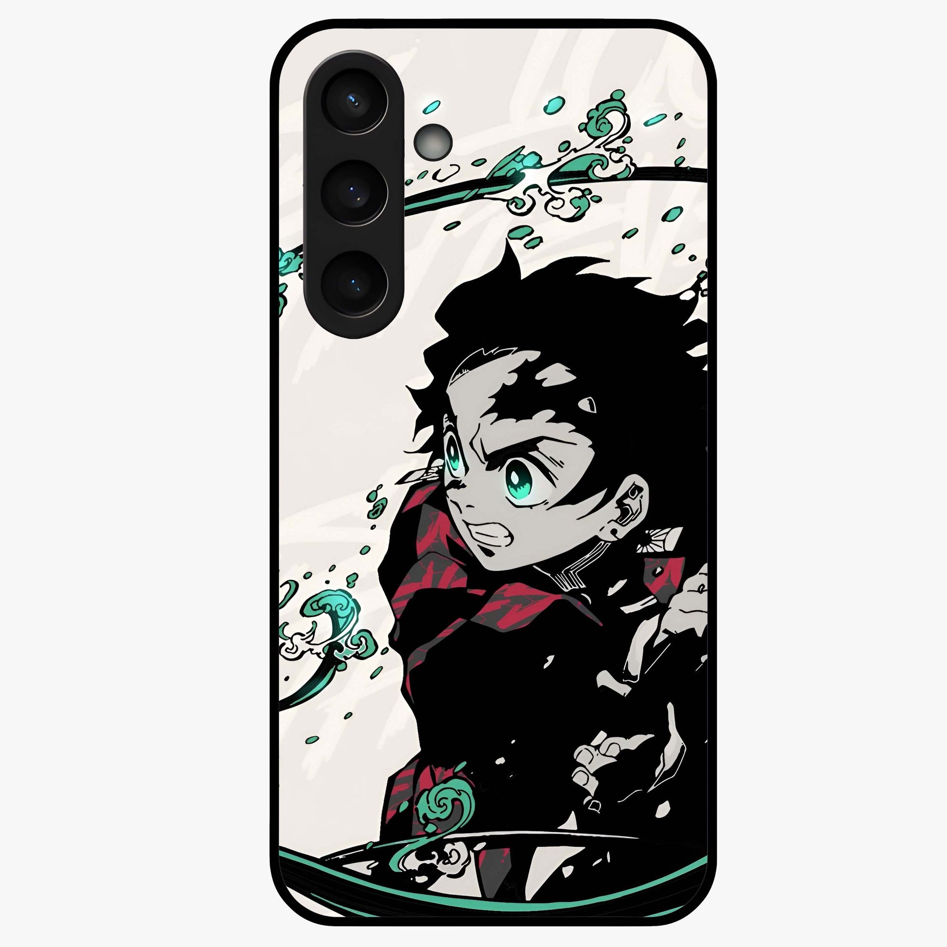 Demon Slayer Glass Case showing flat back view with bold anime inspired artwork and glossy glass finish.