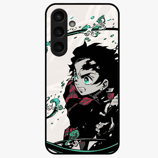 Demon Slayer Glass Case showing flat back view with bold anime inspired artwork and glossy glass finish.
