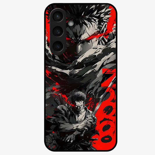 Demon Sword Resolve Glass Case showing flat back view with fierce sword warrior artwork and glossy glass finish.