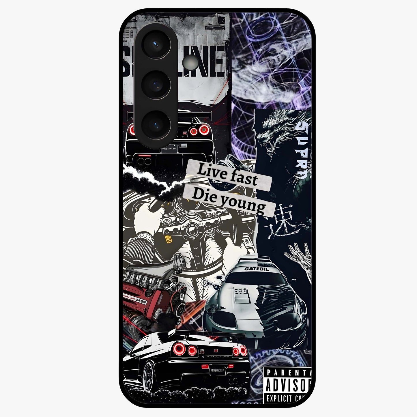 Die Young Glass Case showing flat back view with bold artistic typography design and glossy glass finish.