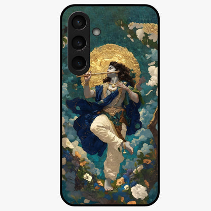 Divine Krishna Art Glass Case showing flat back view with Lord Krishna artwork and glossy glass finish.