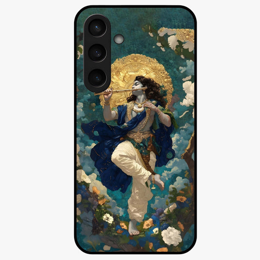Divine Krishna Art Glass Case showing flat back view with Lord Krishna artwork and glossy glass finish.