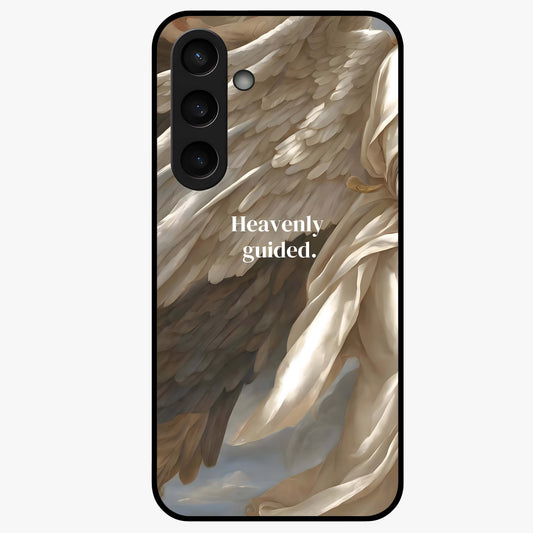 Divine Winged Grace Glass Case showing flat back view with elegant wing inspired artwork and glossy glass finish.