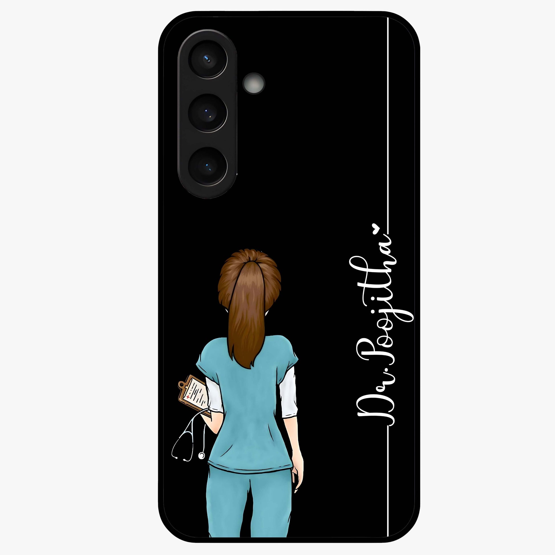 Doctor Pattern Custom Name Glass Case showing flat back view with medical themed pattern and personalized name design.