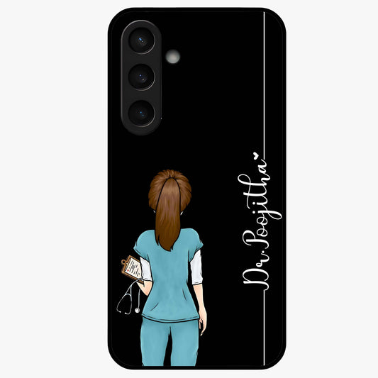 Doctor Pattern Custom Name Glass Case showing flat back view with medical themed pattern and personalized name design.