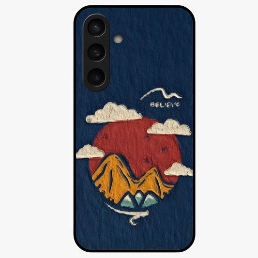 Dream Beyond Mountains Glass Case showing flat back view with scenic mountain landscape artwork and glossy glass finish.