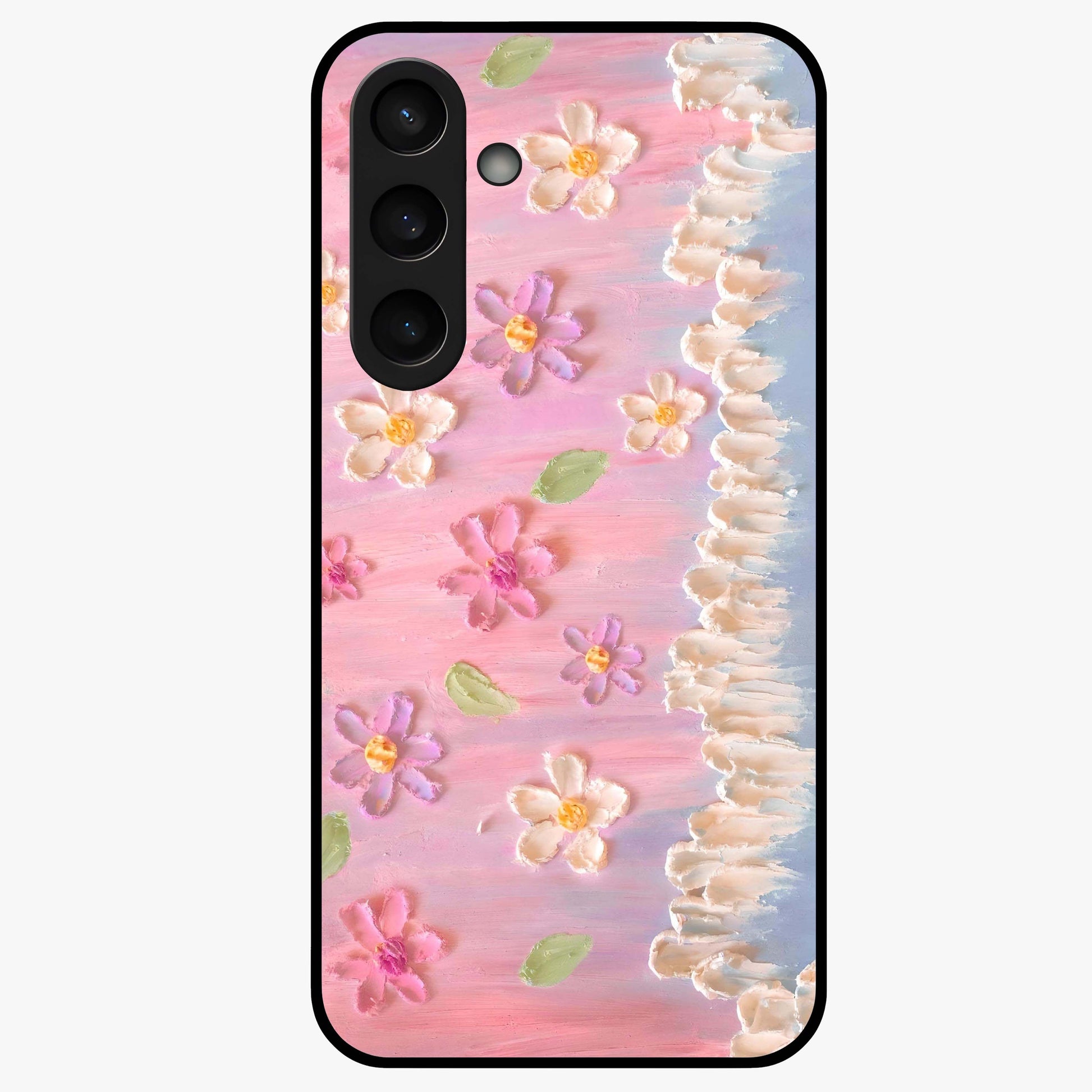 Dreamy Painted Garden Glass Case showing flat back view with artistic painted floral garden artwork and glossy glass finish.